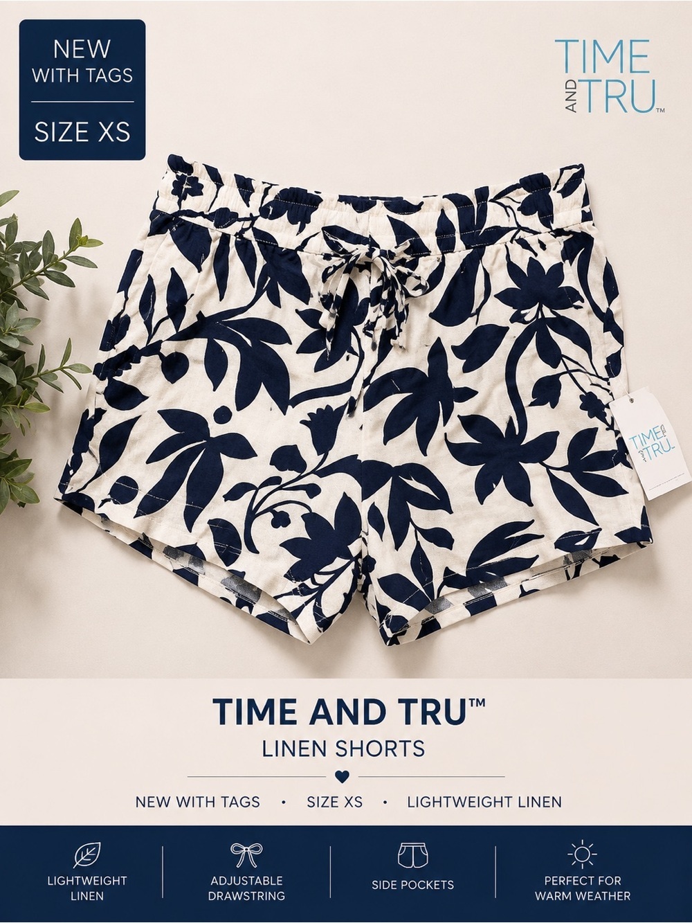 Time and Tru Navy Floral Linen Shorts Size XS NWT Drawstring Summer Shorts - Picture 2 of 2